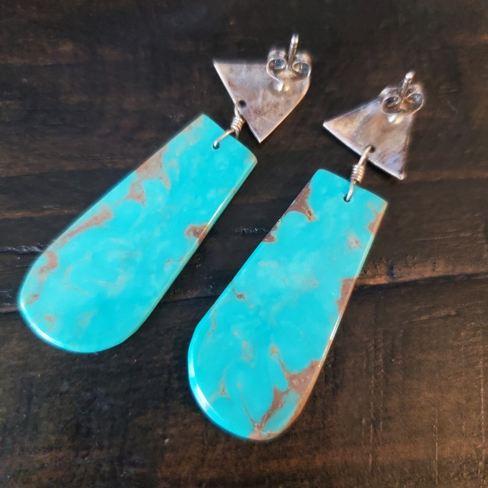 Vintage Navajo Turquoise Sterling Slab Earrings - Picture 5 of 8